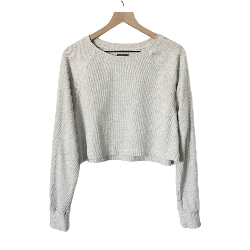 Daily Drills Cropped Lightweight Waffle Knit Thermal Top Cotton Blend Gray M/L